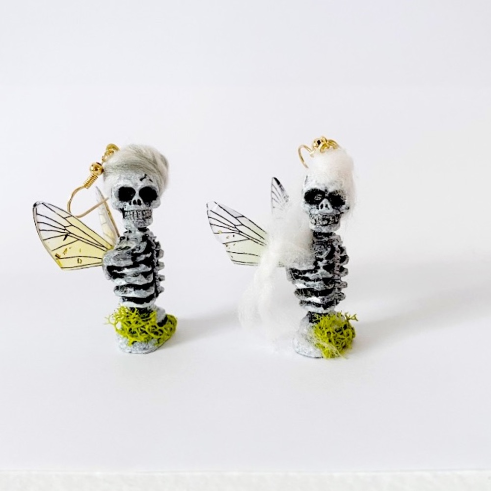 Asymmetrical Dead fairy pixie skeleton dangle earrings